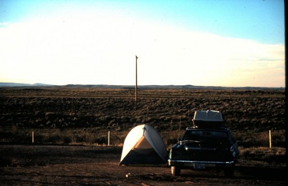 Honeymooners camping beside Wyoming Interstate