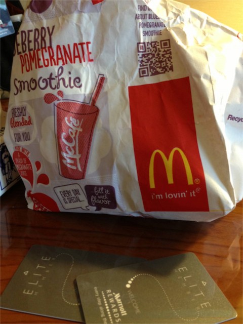 McDonald's to go bag and two Marriott room keys