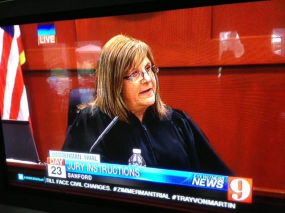 TV shot of judge instructing George Zimmerman trial jurors