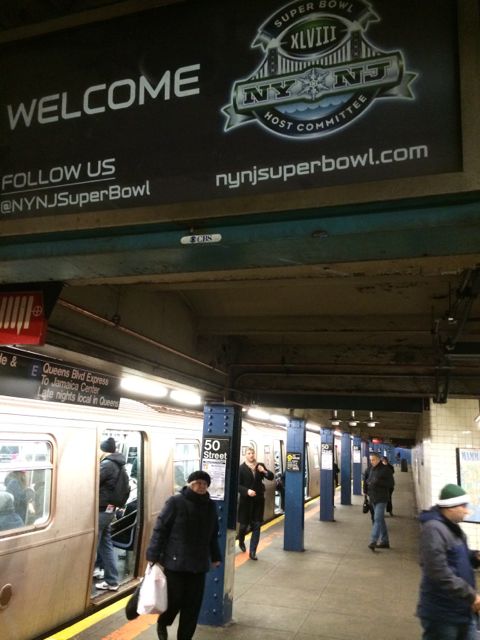 NFL Super Bowl 48 sign in NYC subway