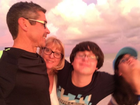 Blurry family selfie on Sanibel Island at sunset