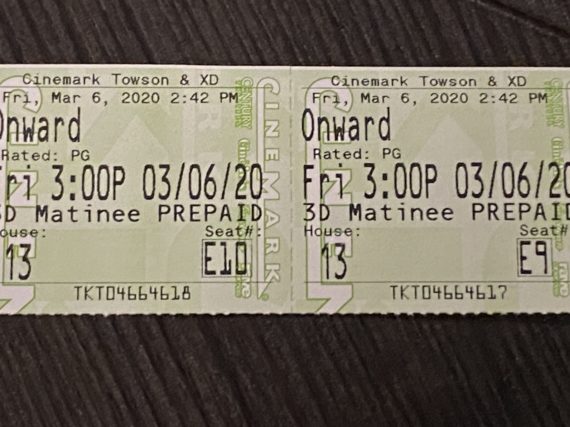 Onward movie ticket stubs