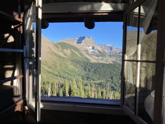 Mountains through chalet window