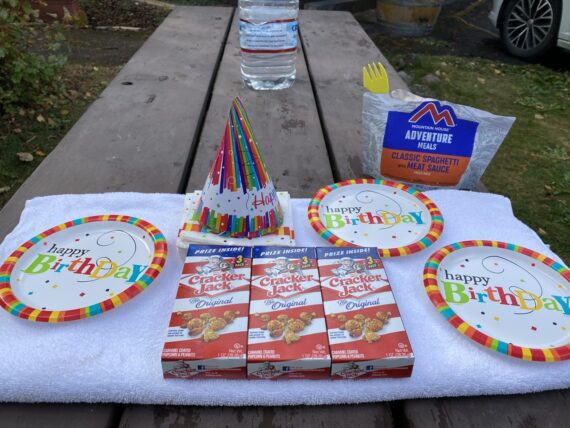 birthday party setup on picnic table