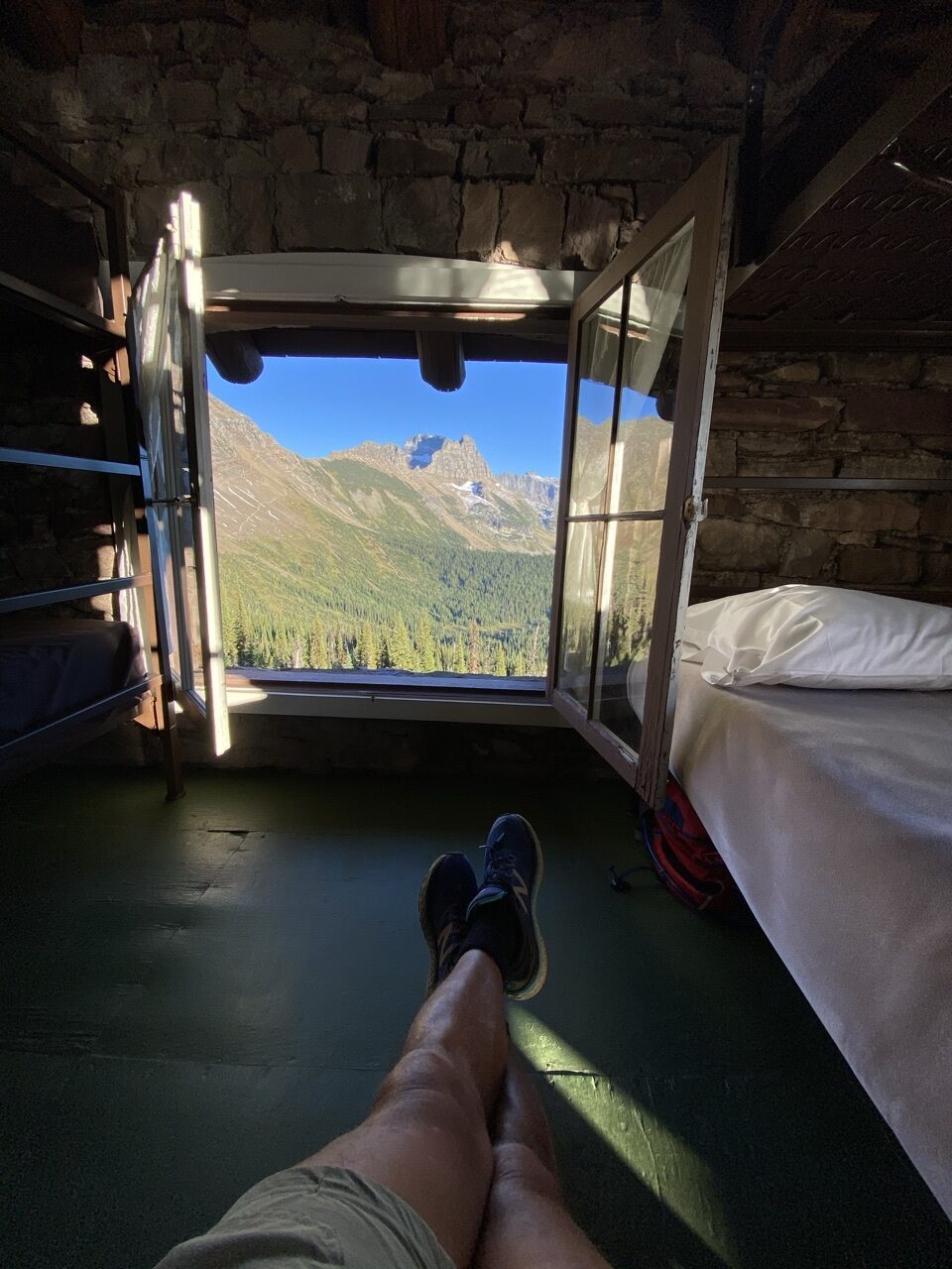 Mountains through chalet window