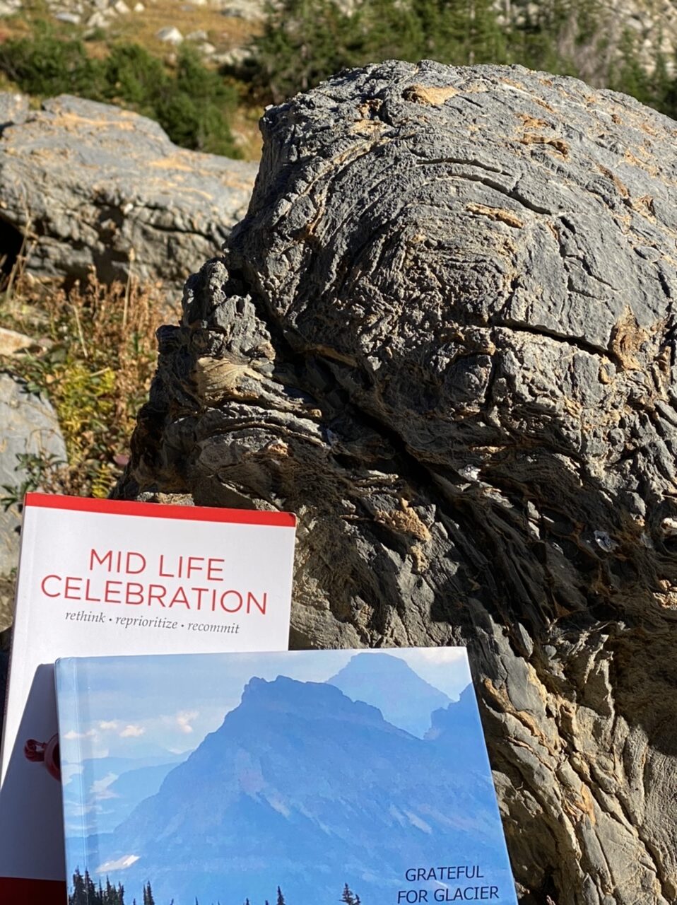 Two books, one entitled mid life celebration and the other called grateful for glacier near a fossilized rock