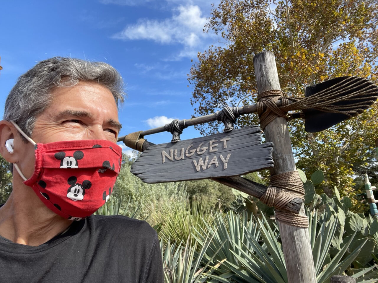 Man wearing mask by unique Disney sign