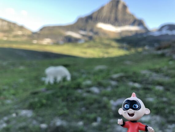 Disney character Jack Jack toy in the mountains