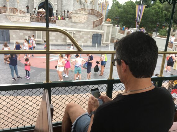 Cinderella Castle forecourt from double-decker bus