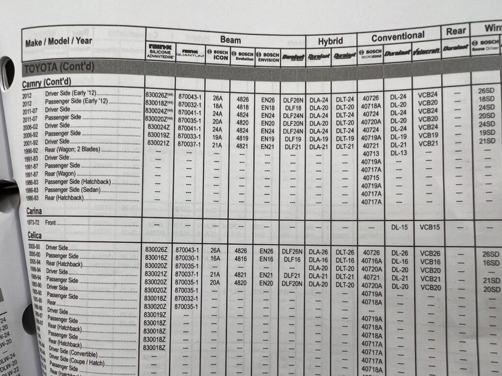 car windshield wiper sizing chart