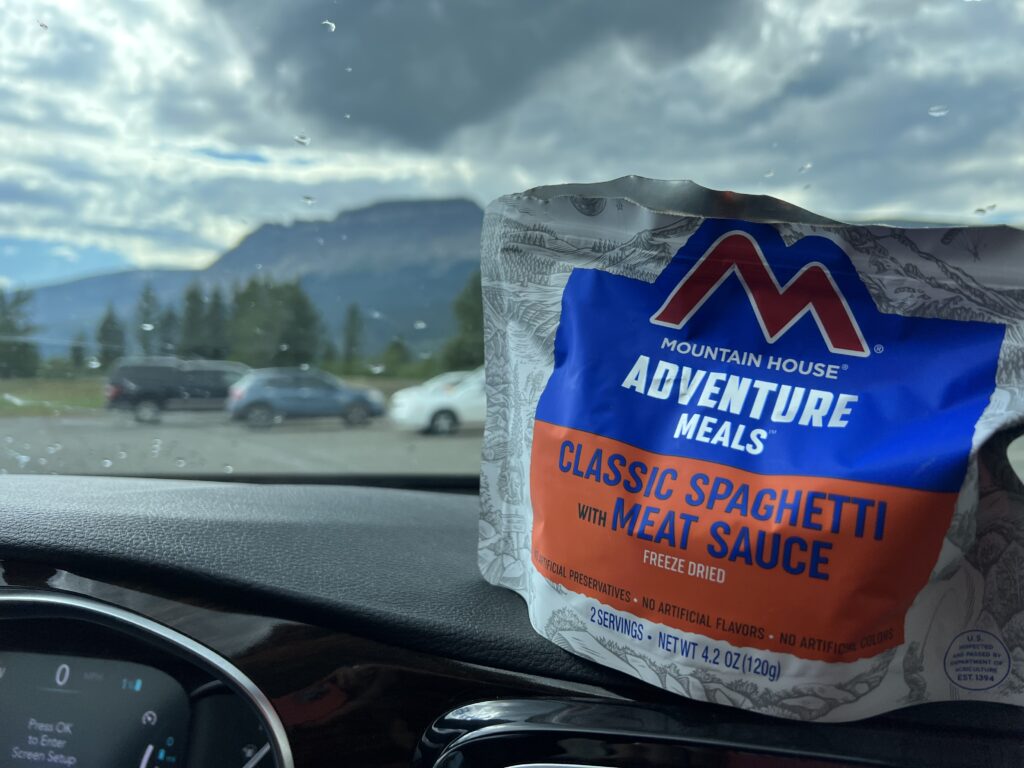 Freeze dried dinner packet on car dashboard