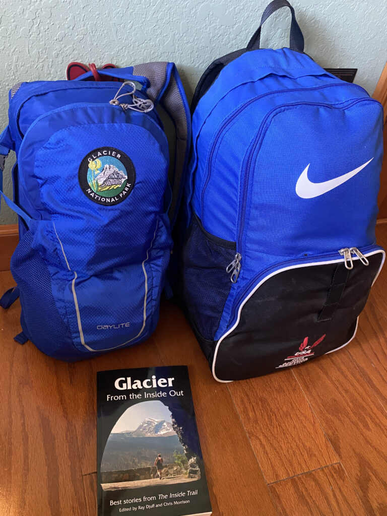 two blue backpacks on floor