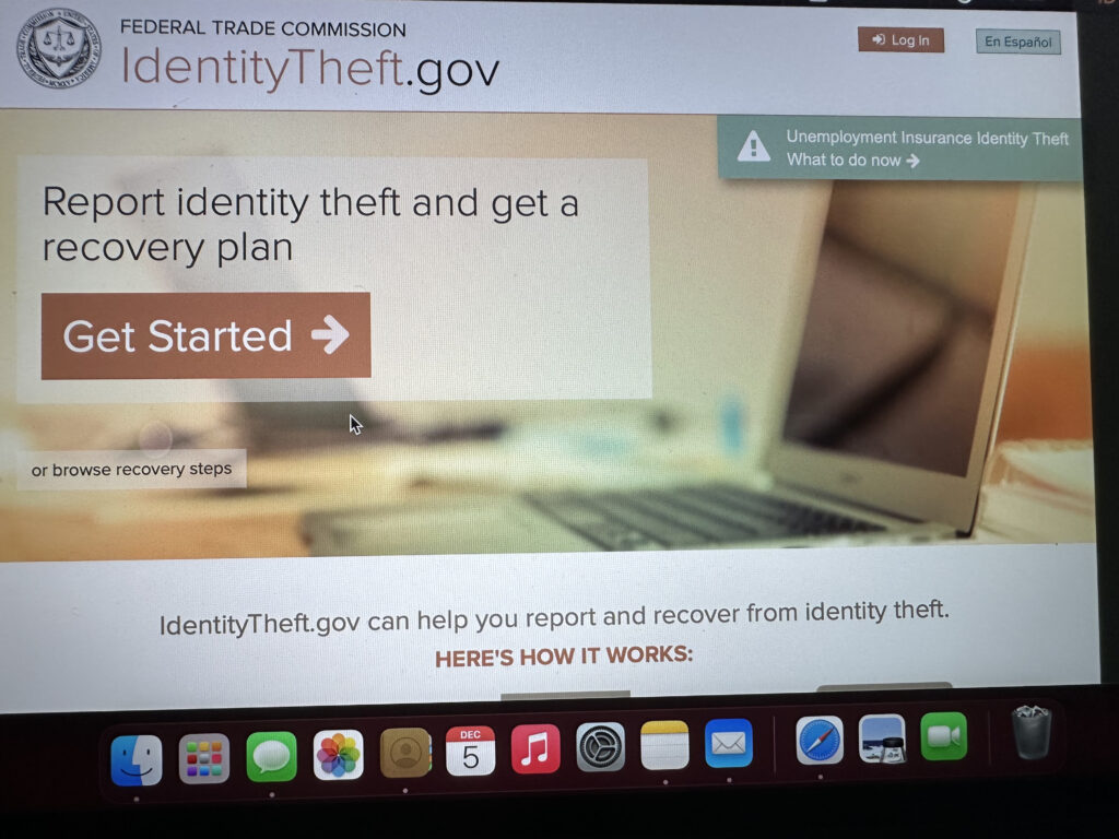 screen shot of identity theft.gov