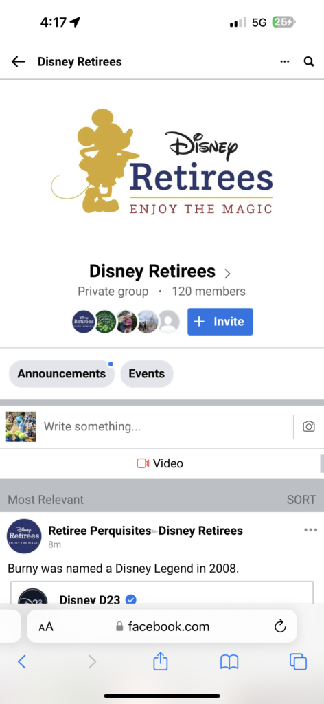 Disney retiree Facebook page