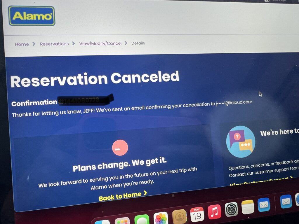 Screenshot of canceled Alamo Car Rental reservation