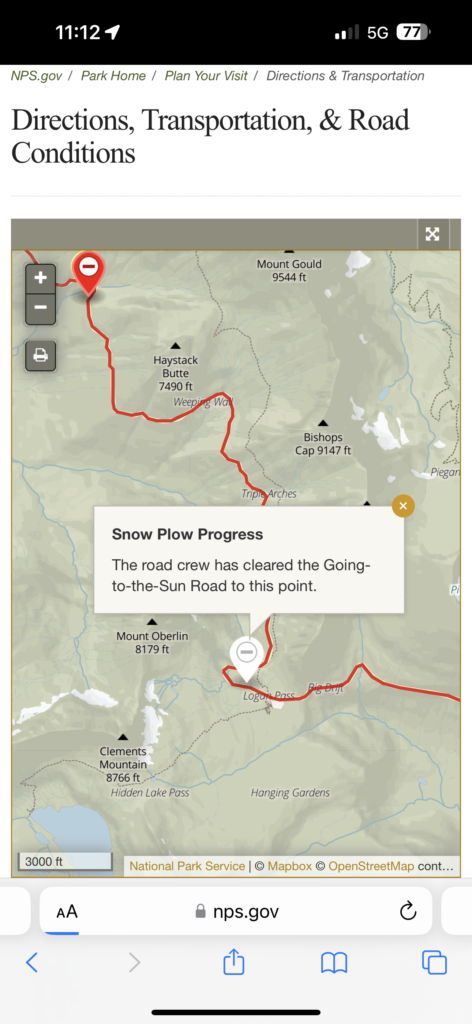 National park snow plow Road status map