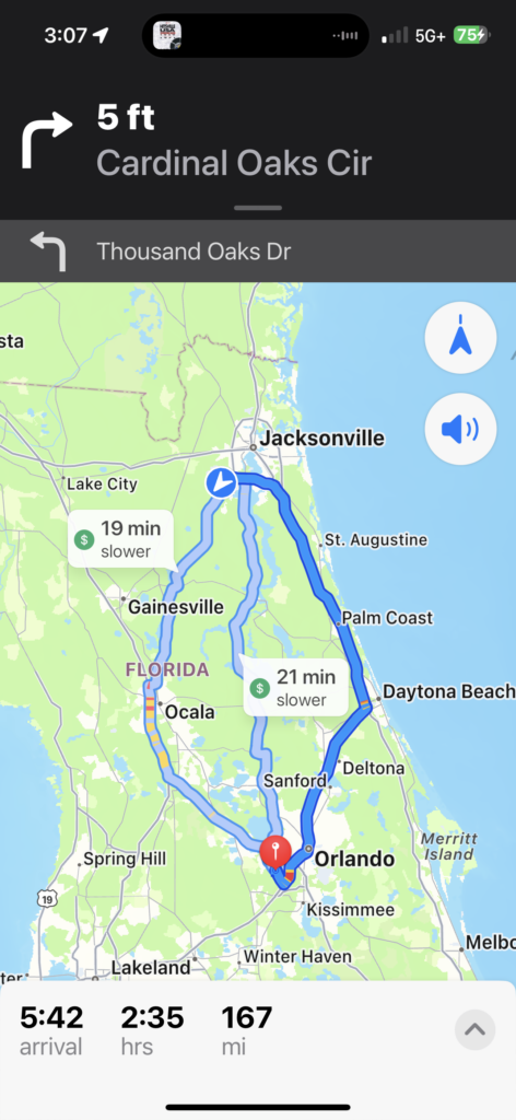 Google map of Florida driving route