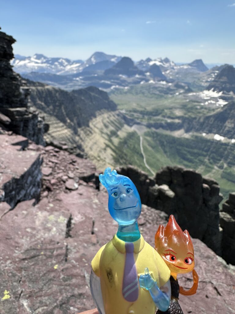 Pixar elemental toy characters in the mountains