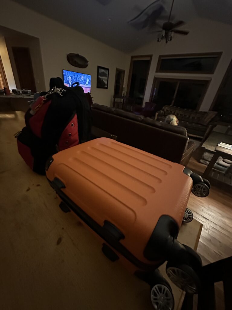 Luggage on a table in a cabin