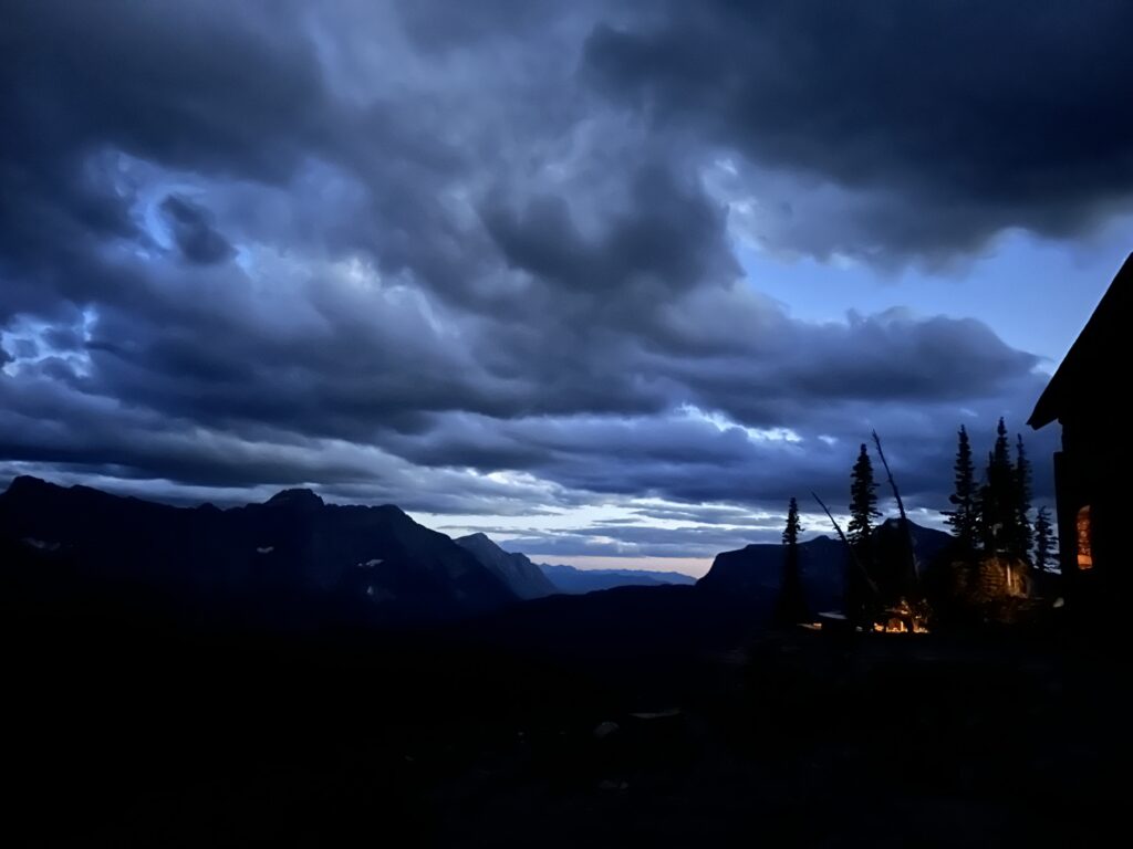 Mountain chalet at night