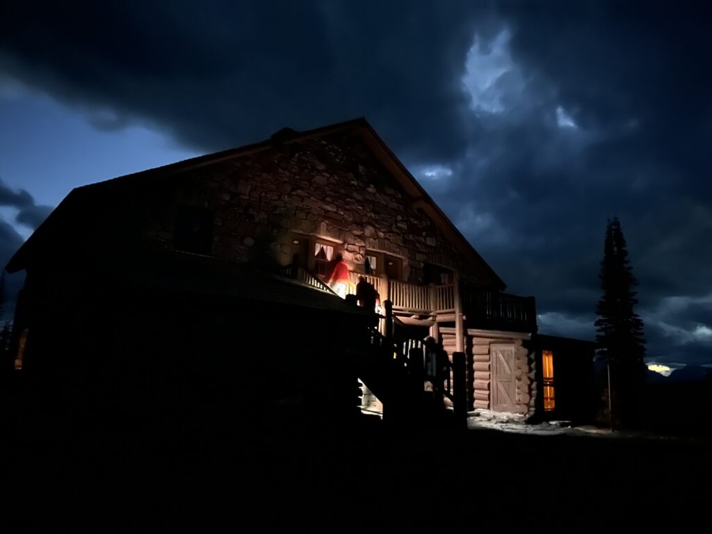 Mountain chalet at night