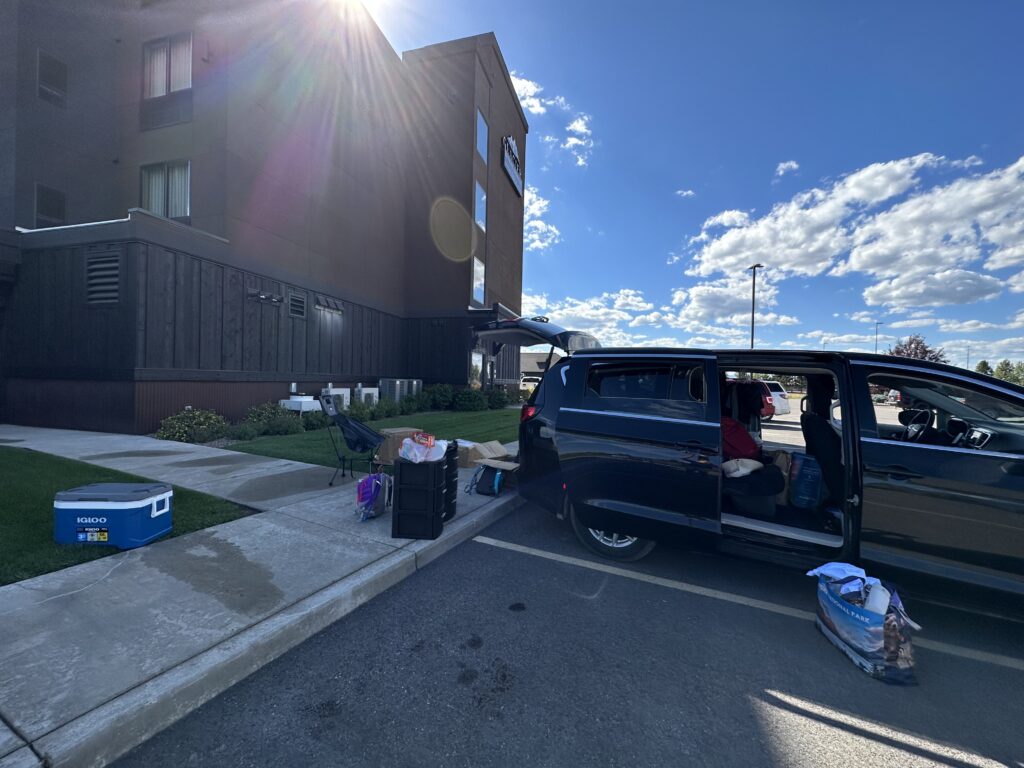 Van in hotel parking lot 