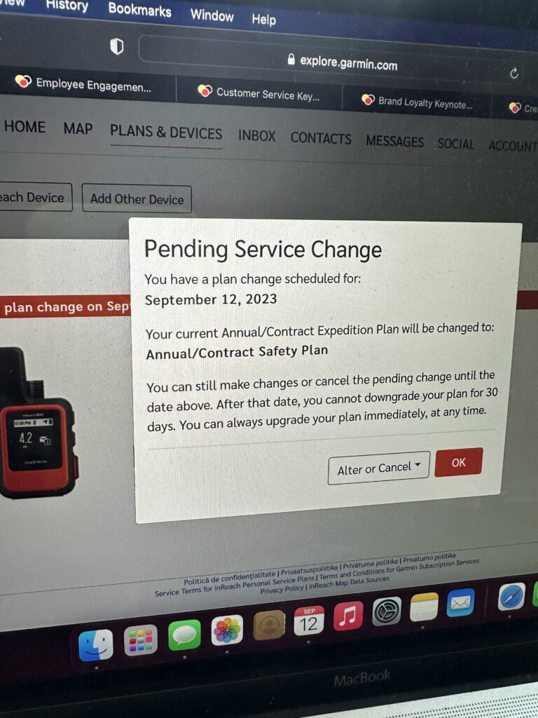 Garmin GPS plan change screen