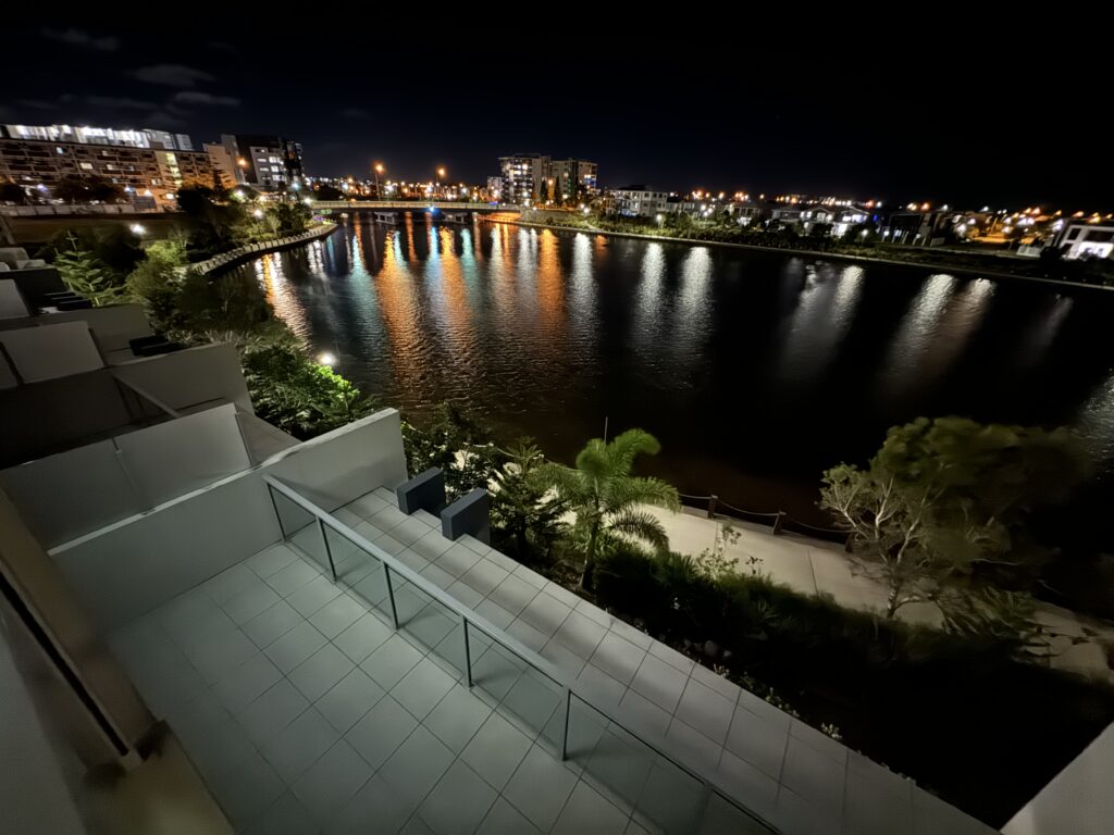 Waterfront Apartment view at night from balcony