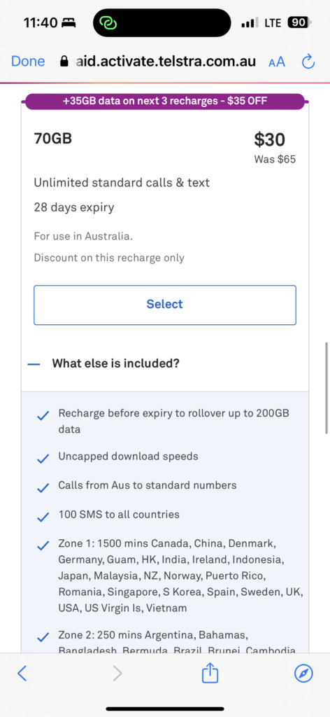 Australian cellular website screenshot