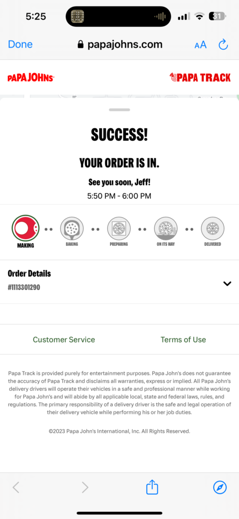 Papa John’s pizza order