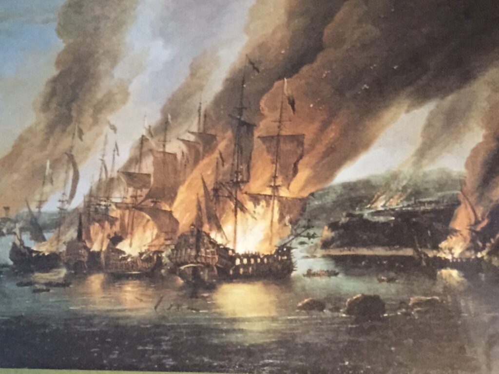 Painting of ships burning