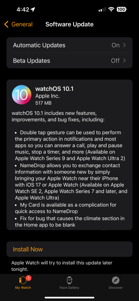 Apple Watch software update screen