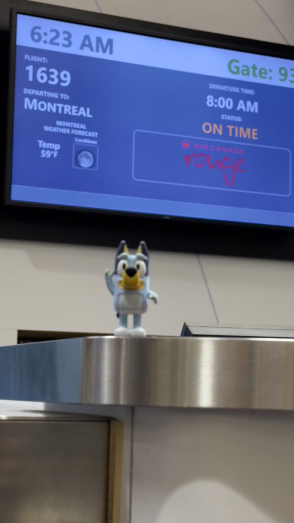 Small Bluey figurine at an Airport counter