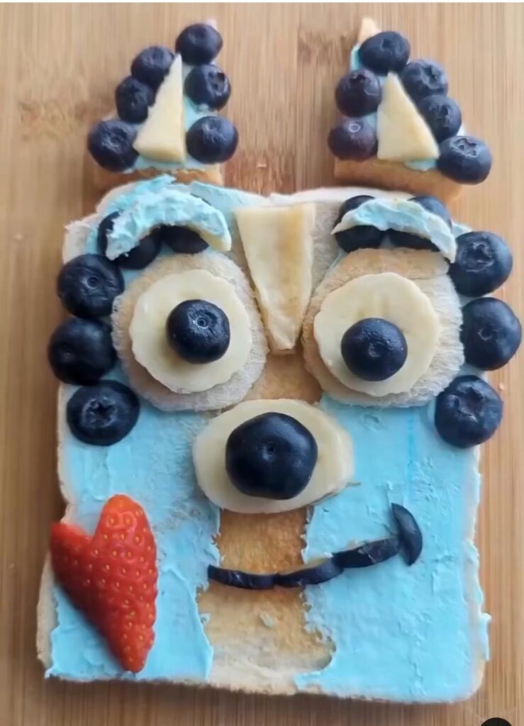 Cartoon character Bluey made from food