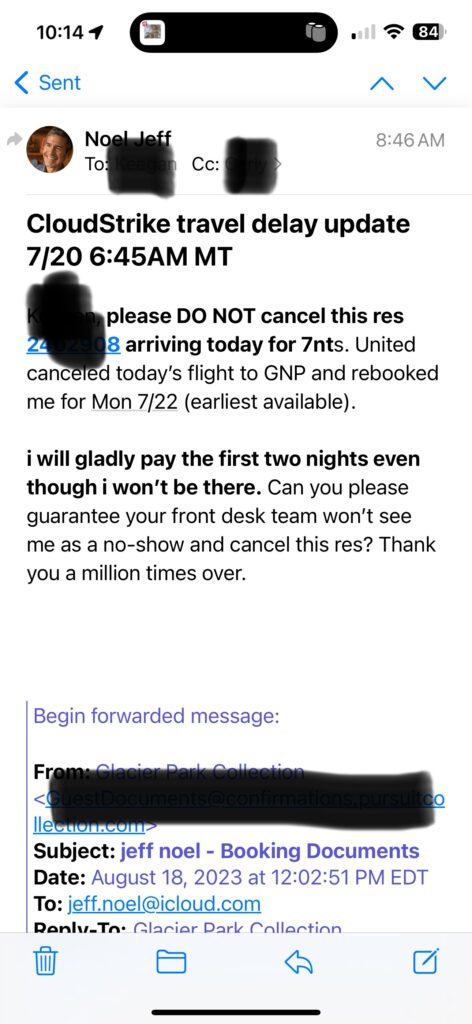 short email to hospitality company