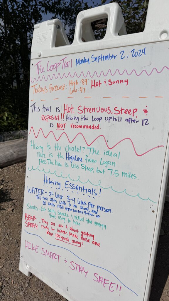 Whiteboard sign with hiker warnings