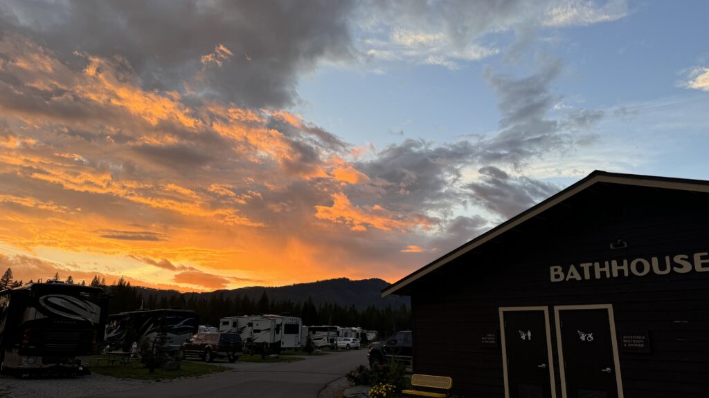 RV park bathhouse at sunset