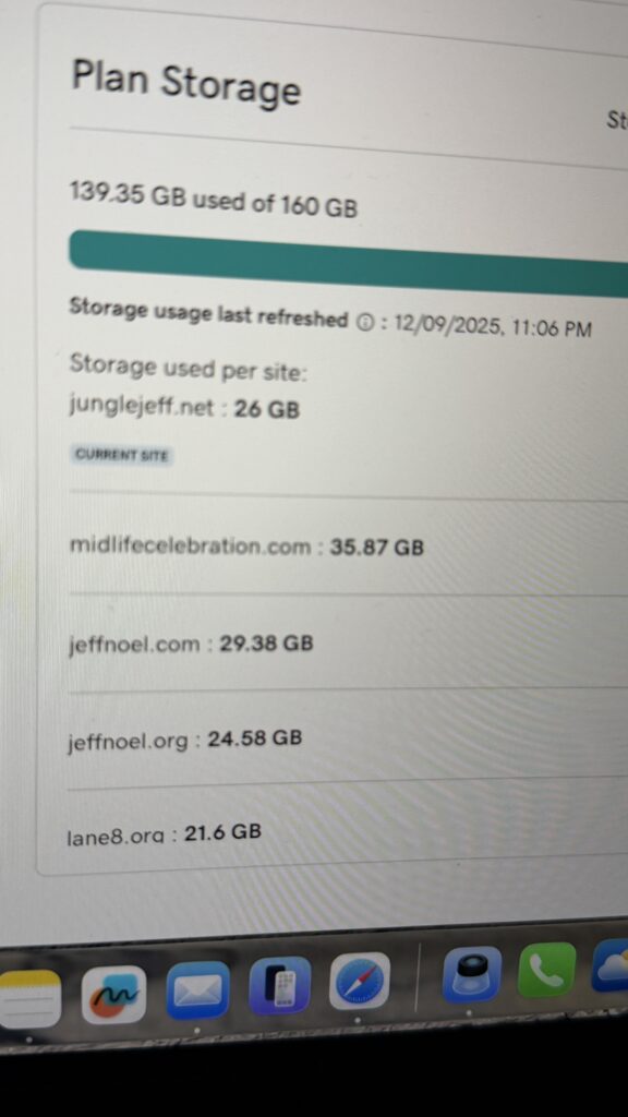 WordPress admin dashboard screenshot for GoDaddy's Managed WordPress storage used