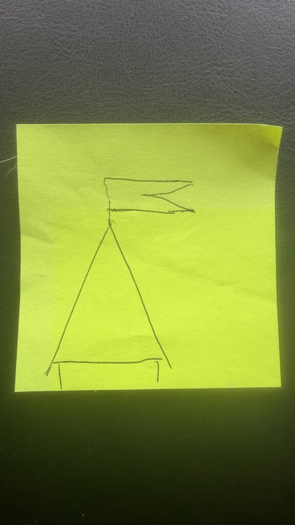 yellow post it note with a turret flag drawing