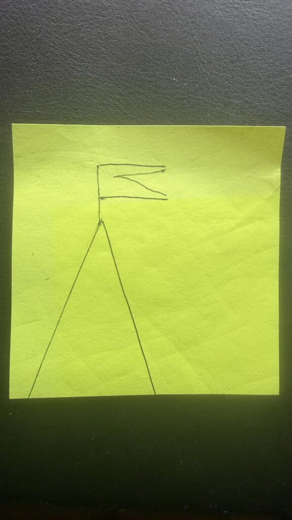 yellow post it note with a turret flag drawing