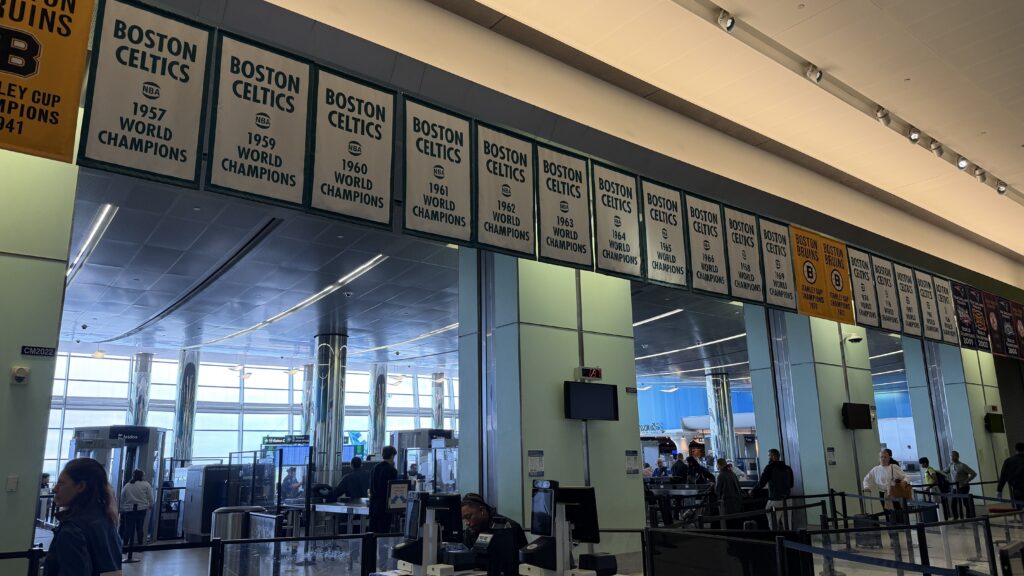Sports banners in a Boston airport